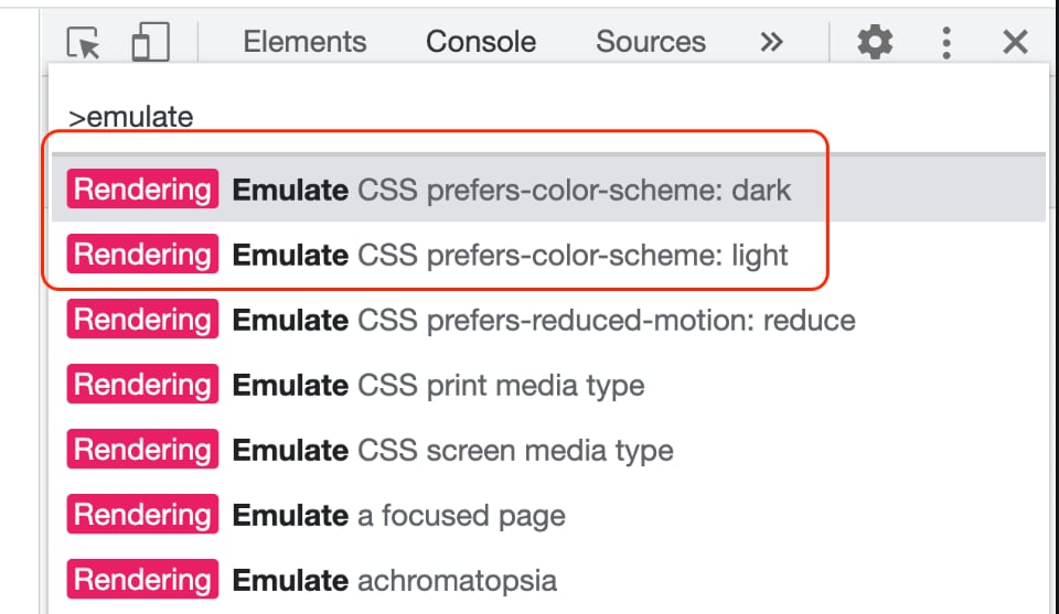 screenshot of chrome's dev tools with the color emulation settings