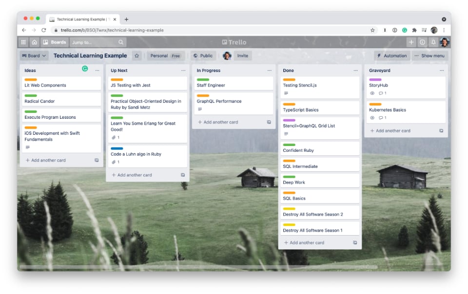 Screenshot of an example Technical Learning Trello board